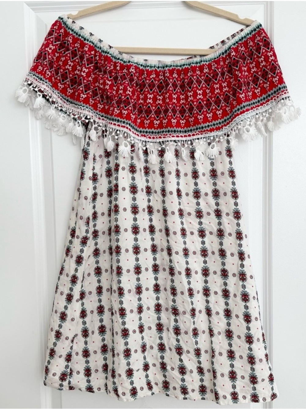 Off The Shoulder Red & White Boho Printed Dress With Tassels